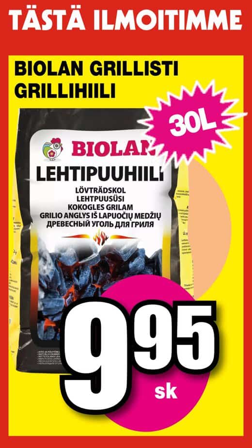 Bright sale poster advertising biolan grill coal (30l) with a bold 9. 95 sk price tag on a pink circle. | säästötalo latvala